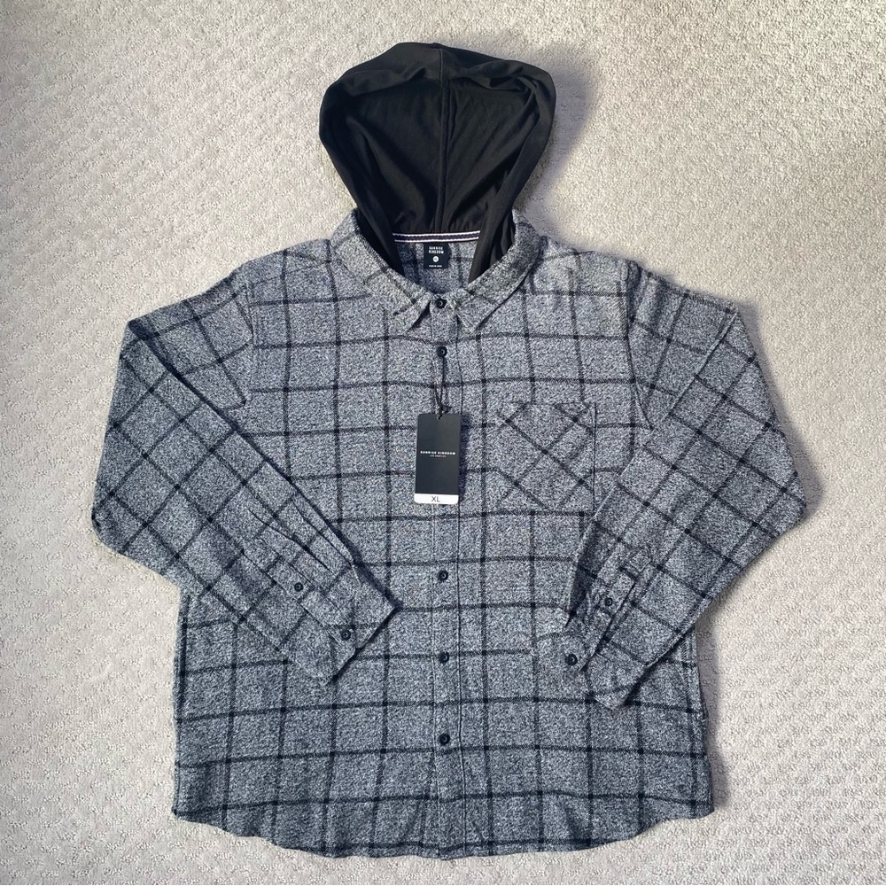 Button Down, Long Sleeve, Hooded Flannel Shirt in Plaid, Black, Grey, SZ XL